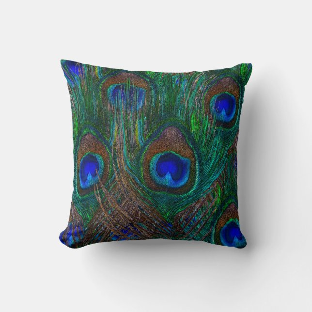 Colourful Peacock Feathers Etching Style Throw Pillow (Front)