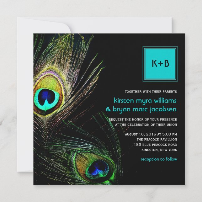 Colourful Peacock Feathers Photo Boho Chic Wedding Invitation (Front)