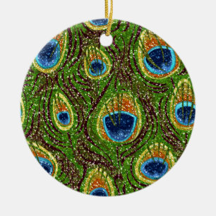 Colourful Peacock Feathers Print Ceramic Ornament