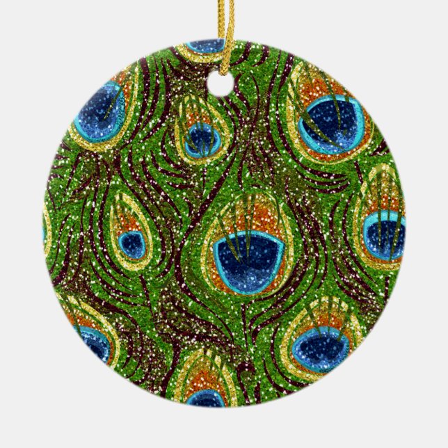 Colourful Peacock Feathers Print Ceramic Ornament (Front)