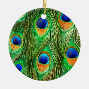 Colourful Peacock Feathers Print Ceramic Ornament