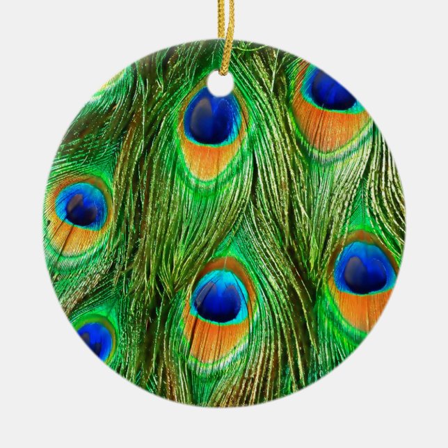 Colourful Peacock Feathers Print Ceramic Ornament (Front)