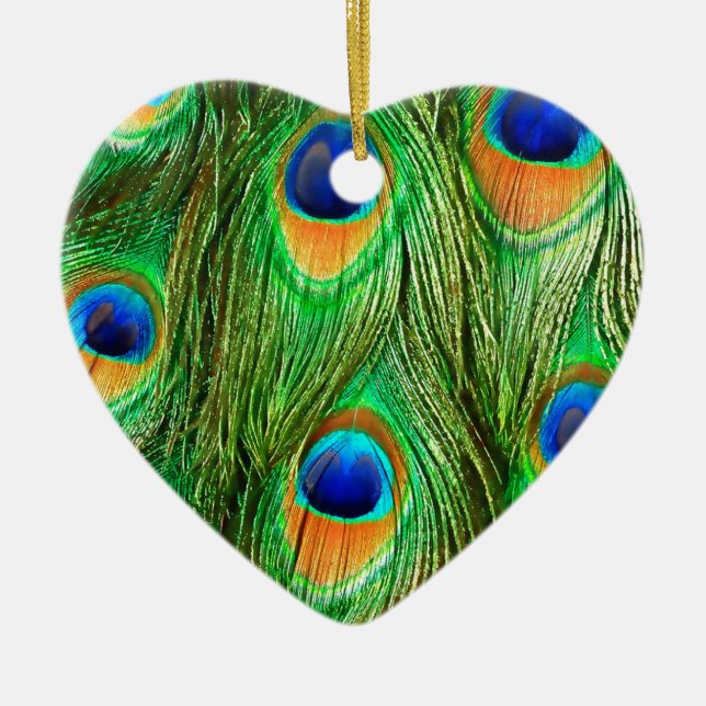 Colourful Peacock Feathers Print Ceramic Ornament (Front)