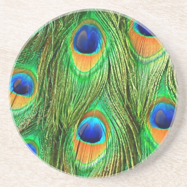 Colourful Peacock Feathers Print Coaster (Front)