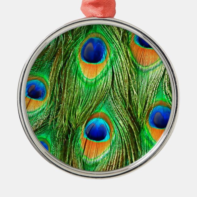Colourful Peacock Feathers Print Metal Ornament (Front)