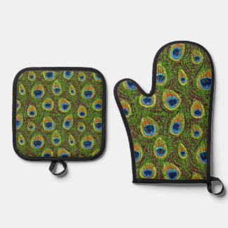 Colourful Peacock Feathers Print Oven Mitt & Pot Holder Set