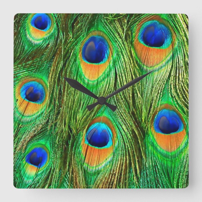 Colourful Peacock Feathers Print Square Wall Clock (Front)