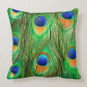 Colourful Peacock Feathers Print Throw Pillow