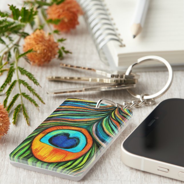 Colourful Peacock Firebird Feather Painting Keychain (Front Right)