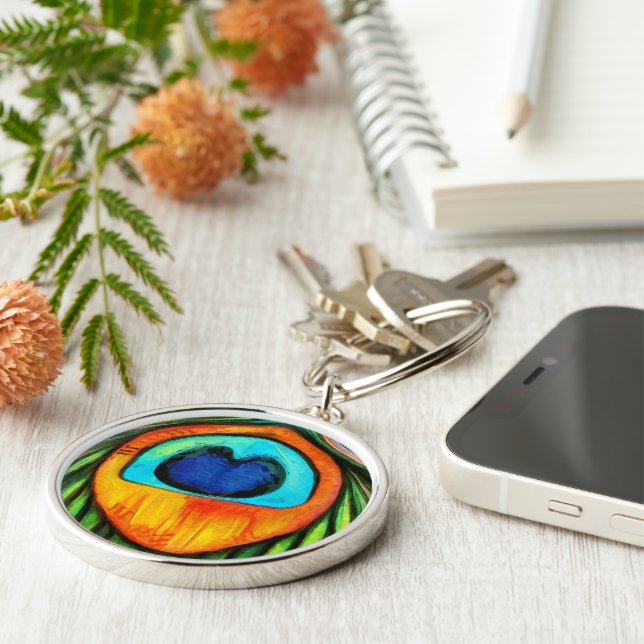 Colourful Peacock Firebird Feather Painting Keychain (Side)
