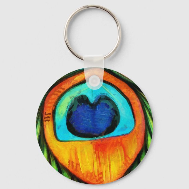 Colourful Peacock Firebird Feather Painting  Keychain (Front)