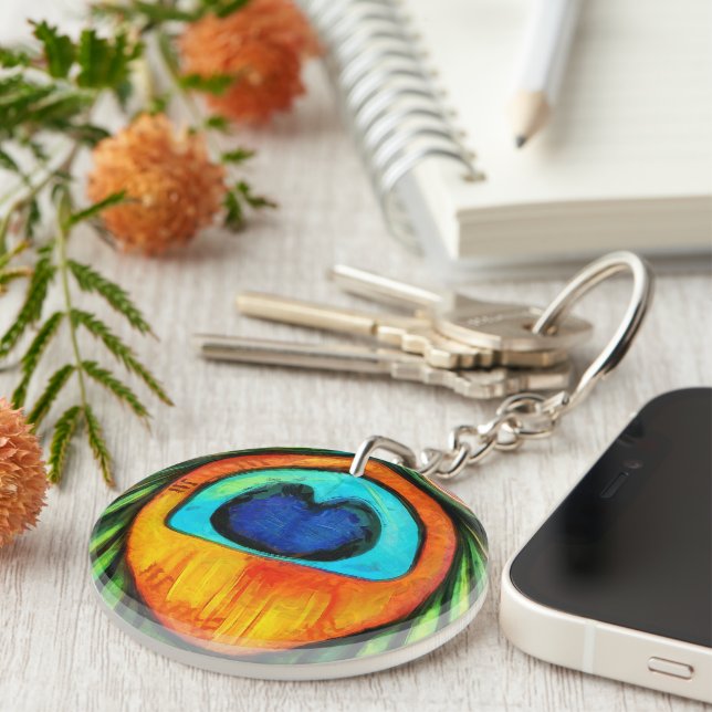 Colourful Peacock Firebird Feather Painting Keychain (Front Right)