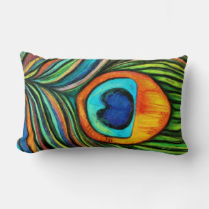 Colourful Peacock Firebird Feather Painting Lumbar Pillow