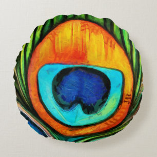 Colourful Peacock Firebird Feather Painting Round Pillow