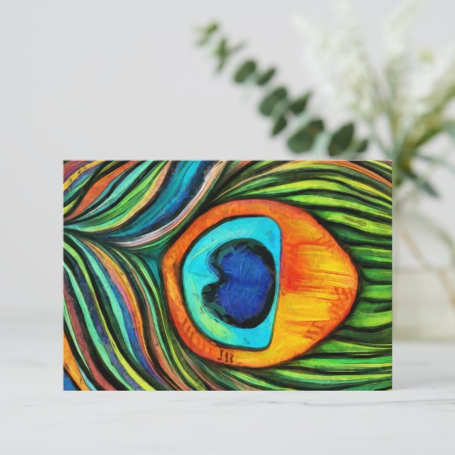 Colourful Peacock Firebird Feather Painting   RSVP Card (Standing Front)