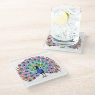 Colourful Peacock Glass Coaster