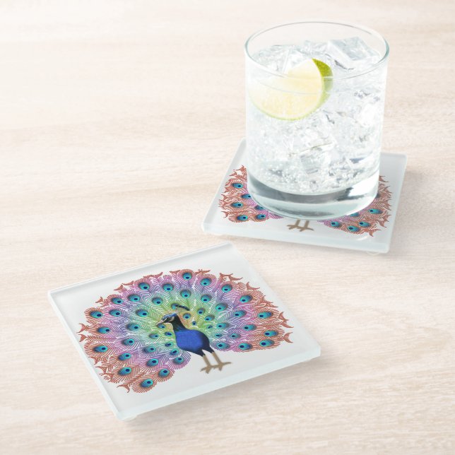 Colourful Peacock Glass Coaster (Angled)