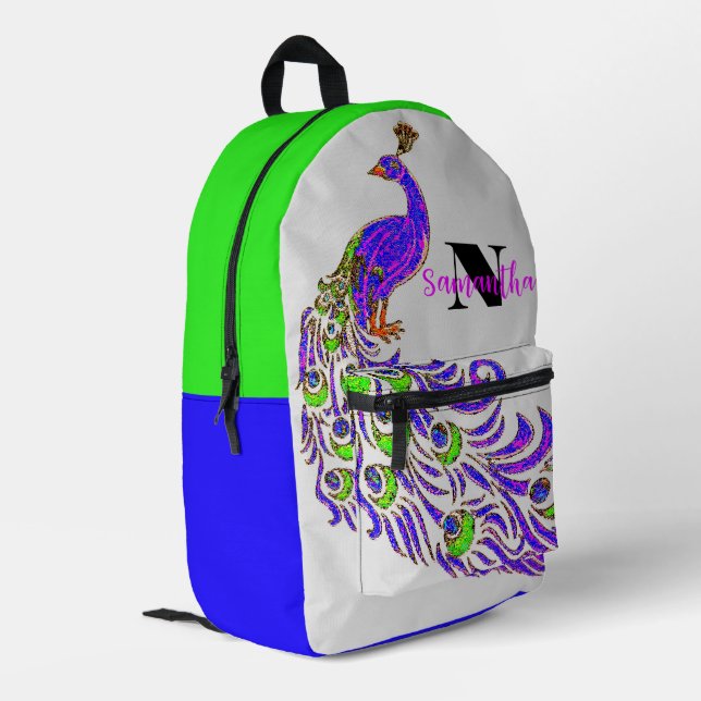 Colourful Peacock Graphic Personalized Backpack,  Printed Backpack (Back Corner Left)