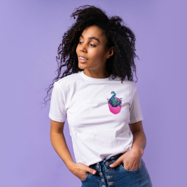 Colourful Peacock in a Printed Pink Pocket T-Shirt (Creator Uploaded)