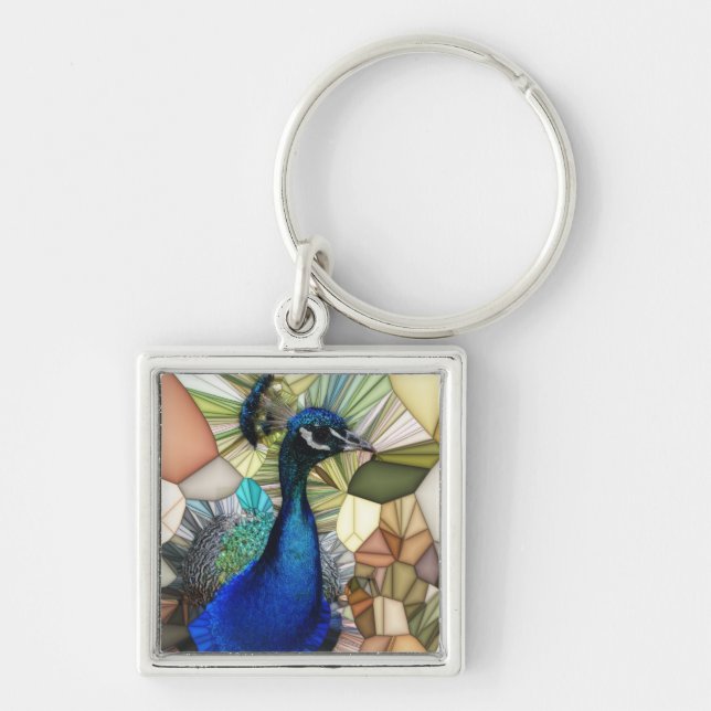 Colourful Peacock Mosaic Square Key Ring (Front)