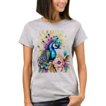 Colourful peacock on flowers and leaves 