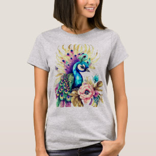 Colourful peacock on flowers and leaves  T-Shirt