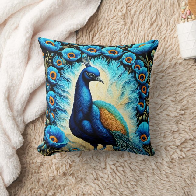 Colourful Peacock Surrounded by Blue Flowers Throw Pillow (Blanket)
