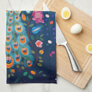 Colourful Peacock with Blue Green Orange Feathers Kitchen Towel
