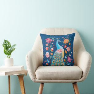 Colourful Peacock with Blue Green Orange Feathers Throw Pillow