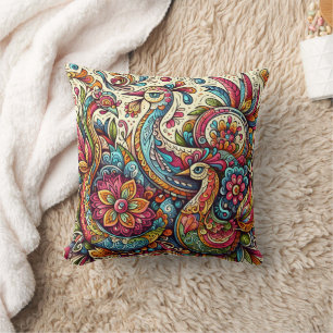 Colourful peacocks amidst floral splendour throw pillow