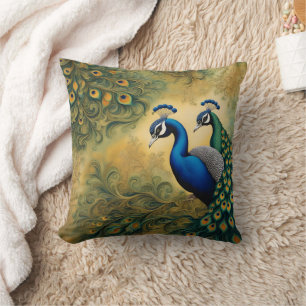 Colourful Peacocks Among Vibrant Greenery Throw Pillow