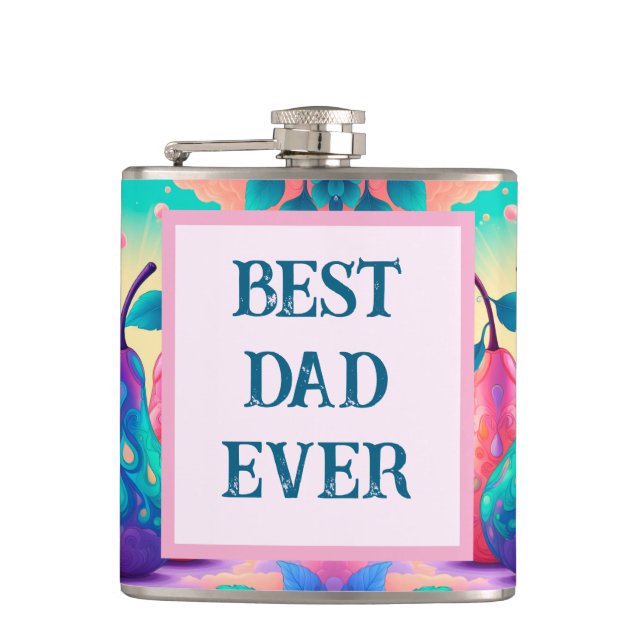 Colourful pear with Best Dad Ever Hip Flask (Front)