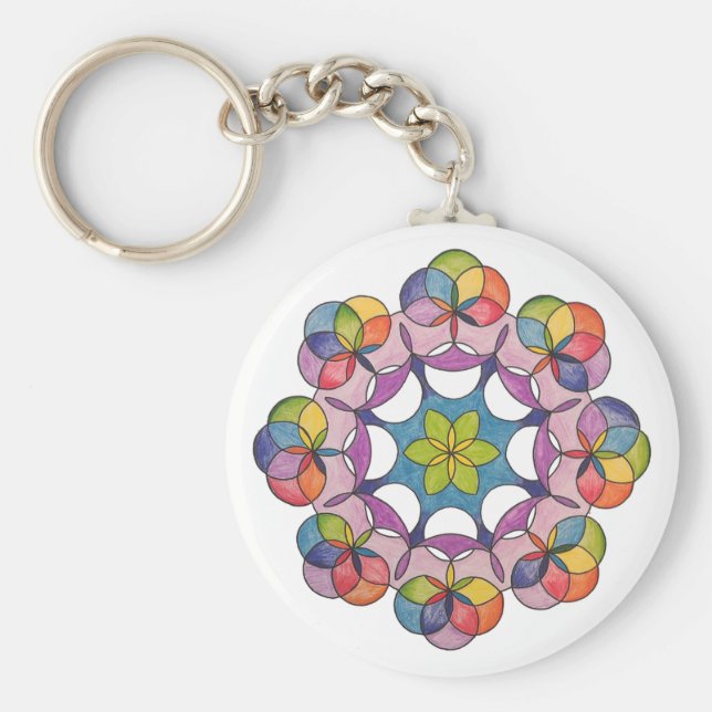 Colourful Pencil Drawn Geometric Mandala Spiritual Keychain (Front)