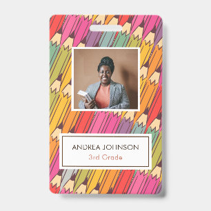 Colourful Pencil Pattern Primary Teacher Photo ID Badge