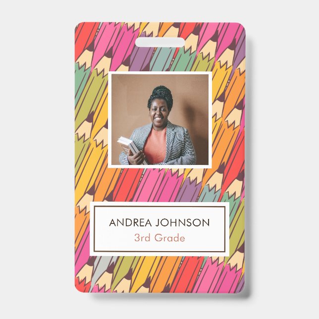 Colourful Pencil Pattern Primary Teacher Photo ID Badge (Front)