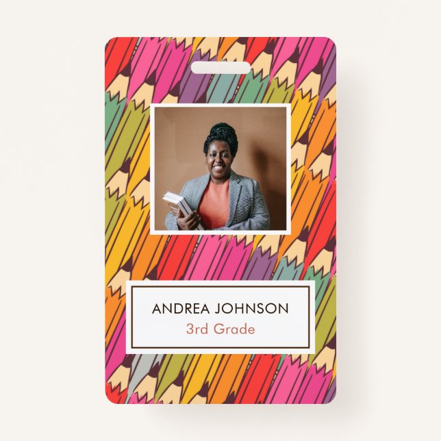 Colourful Pencil Pattern Primary Teacher Photo ID Badge (Front)