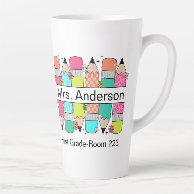 Colourful Pencil Teacher Name  Latte Mug (Right)
