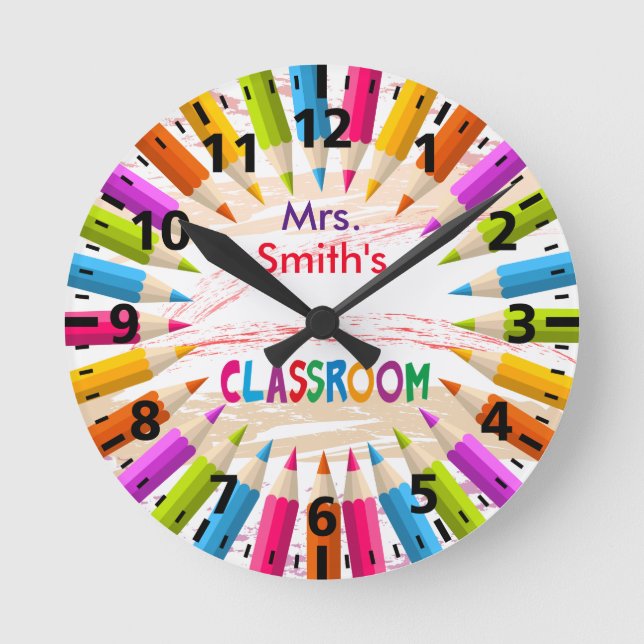 Colourful Pencils Teacher's Classroom Round Clock (Front)
