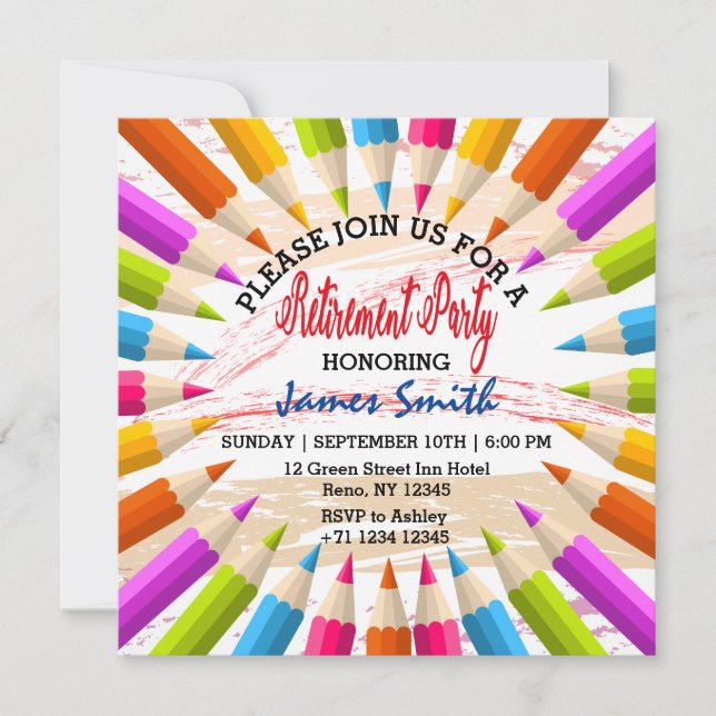 Colourful Pencils Teachers Retirement Party Invitation (Front)