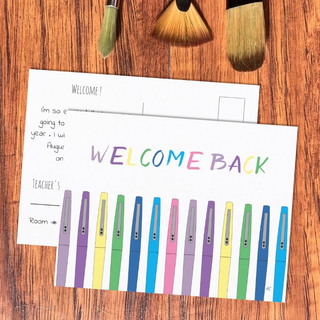 Colourful Pens Welcome Back to School Postcard (Colorful pens , welcome back to school white postcard .)