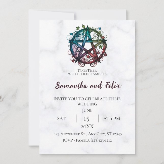 Colourful Pentacle Celestial Magick Marble Wedding Invitation (Front)