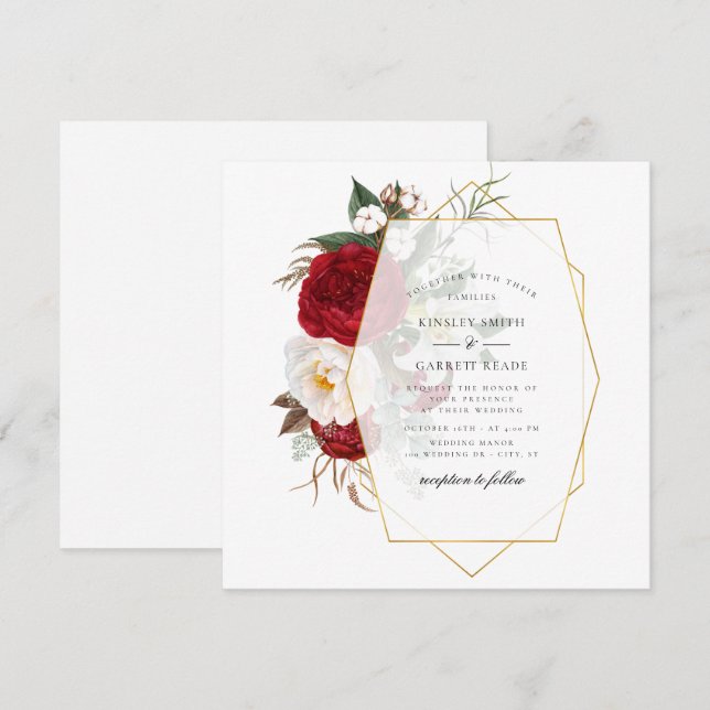 Colourful Peony Bouquet Gold Frame Wedding Invitation (Front/Back)