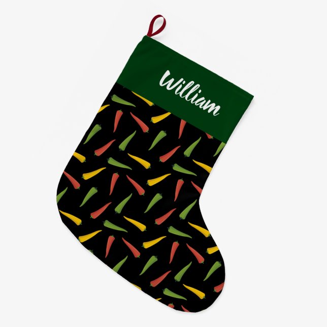Colourful Peppers Pattern Large Christmas Stocking (Front (Hanging))