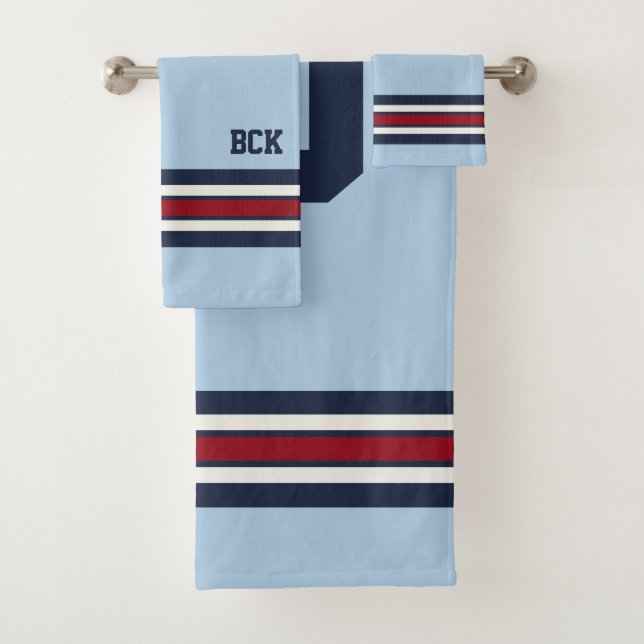 Colourful Personalized Ice Hockey Blue Shirt Strip Bath Towel Set (Insitu)