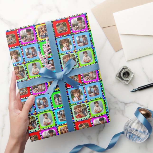 Colourful Personalized Nine Photos, Hearts Pattern Wrapping Paper (Gifting)