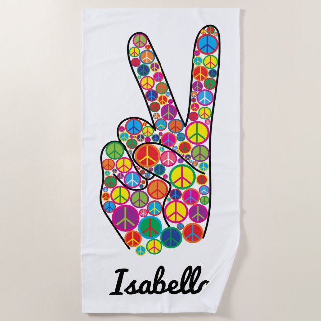 Colourful Personalized Peace Signs Hand Beach Towel (Front)
