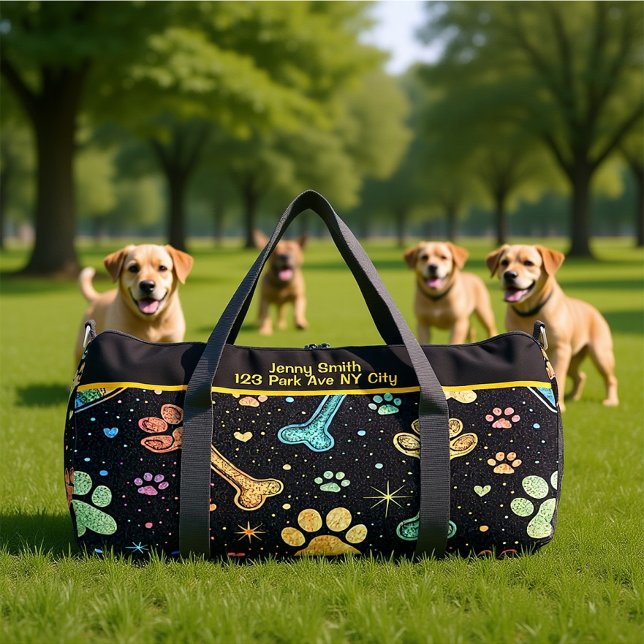 Colourful Pet Bones Paw Print Monogram Personalize Duffle Bag (Creator Uploaded)