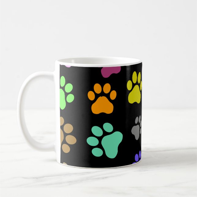 Colourful Pet Paw Pattern on Black Background  Coffee Mug (Left)