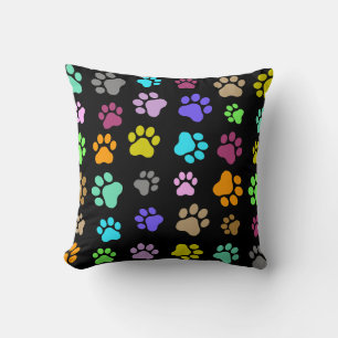 Colourful Pet Paw Pattern on Black Background Throw Pillow