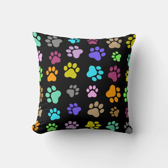 Colourful Pet Paw Pattern on Black Background Throw Pillow (Front)